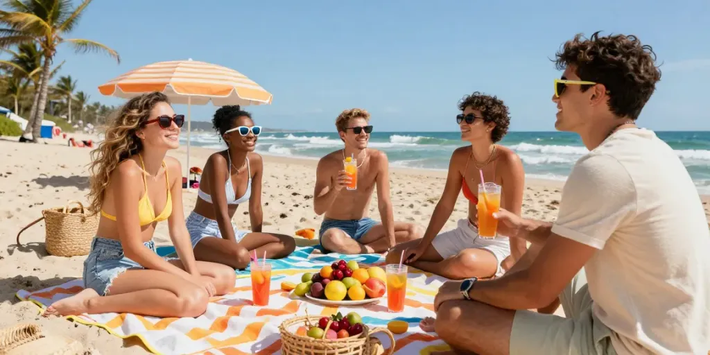 Grupo de amigos usando óculos de sol em um piquenique à beira da praia.