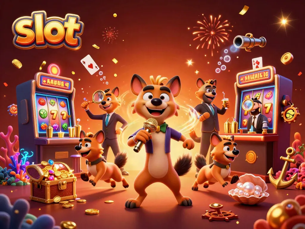 Slot mesin dengan hyena komedi menghibur di kasino, menciptakan suasana ceria dengan harta karun berkilau.