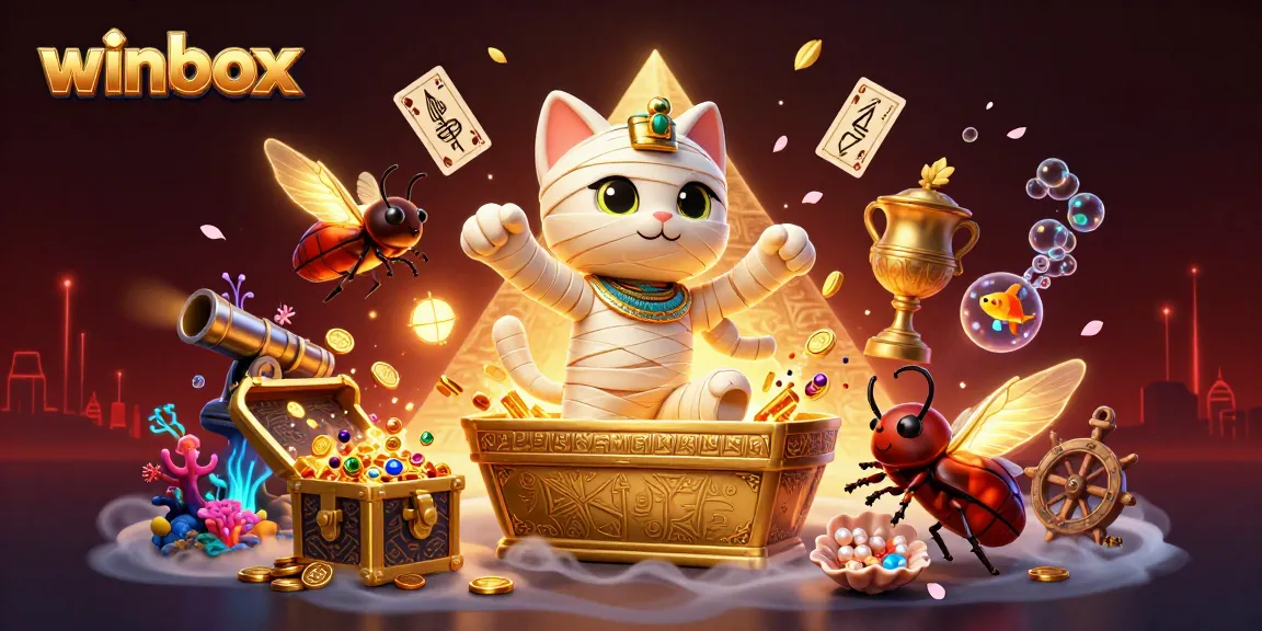 Winbox showcases a thrilling Egyptian-themed online casino scene with vibrant game elements.