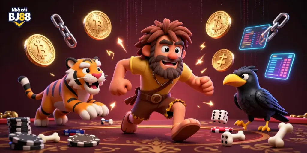 Engage with Nhà cái BJ88 through a vibrant prehistoric casino scene featuring a caveman, sabertooth tiger, and a clever crow.