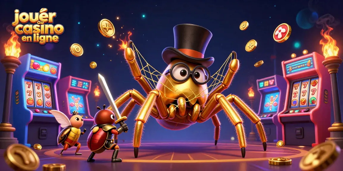 jouer au casino en ligne avec une illustration de scène dynamique incluant une tarentule dorée, un chevalier, et des machines de jeux