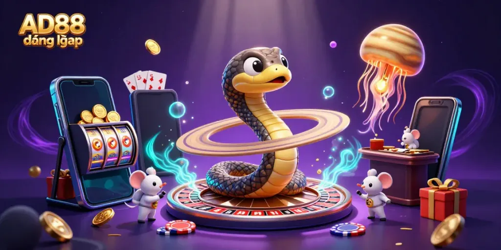 Engage with AD88 đăng nhập through a vibrant cosmic casino scene filled with animated betting activities.