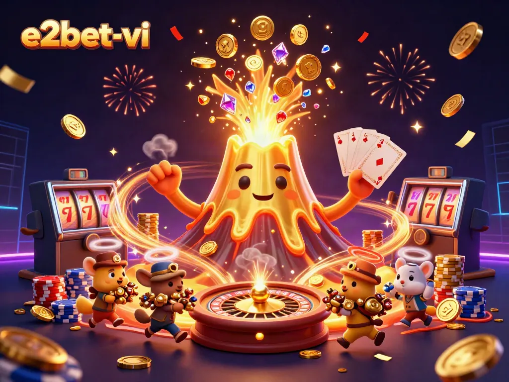 Experience the thrill of e2bet-vi, showcasing a vibrant casino scene with a golden volcano and treasure.
