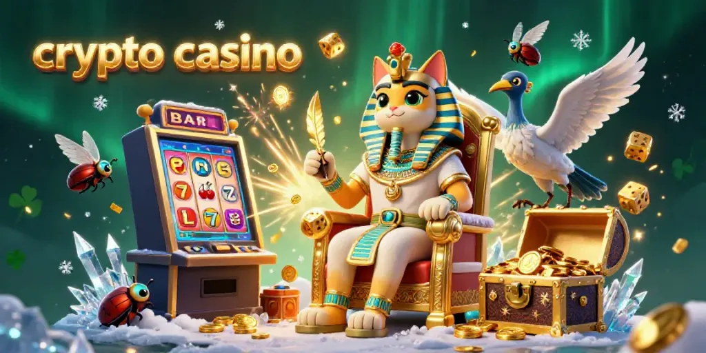 Experience the excitement of playing at a crypto casino, featuring a colorful scene with a pharaoh cat and jackpot elements.