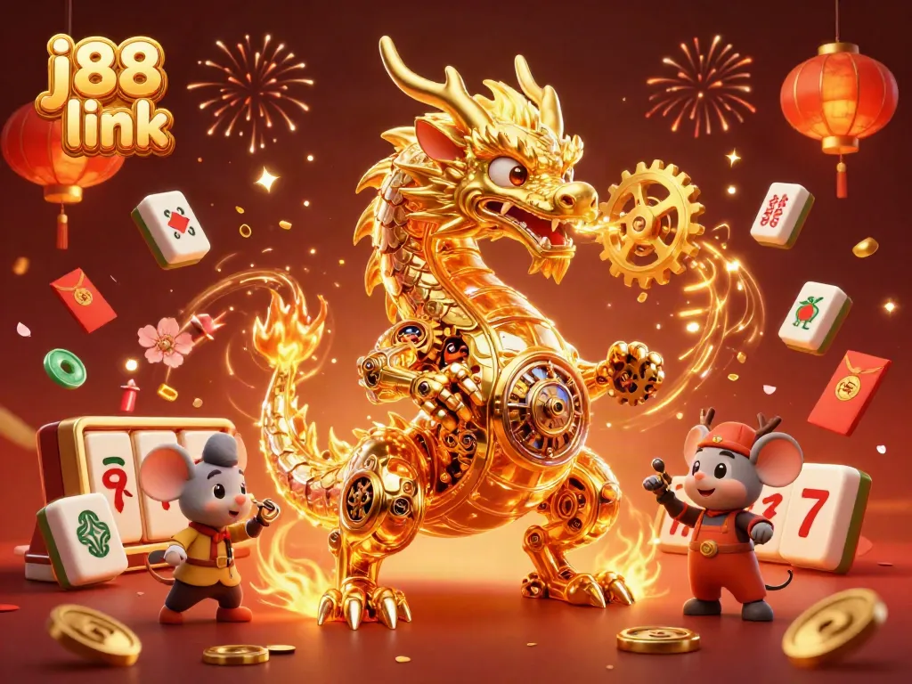 Engage with the j88 link scene filled with a golden dragon, casino elements, and festive decorations.