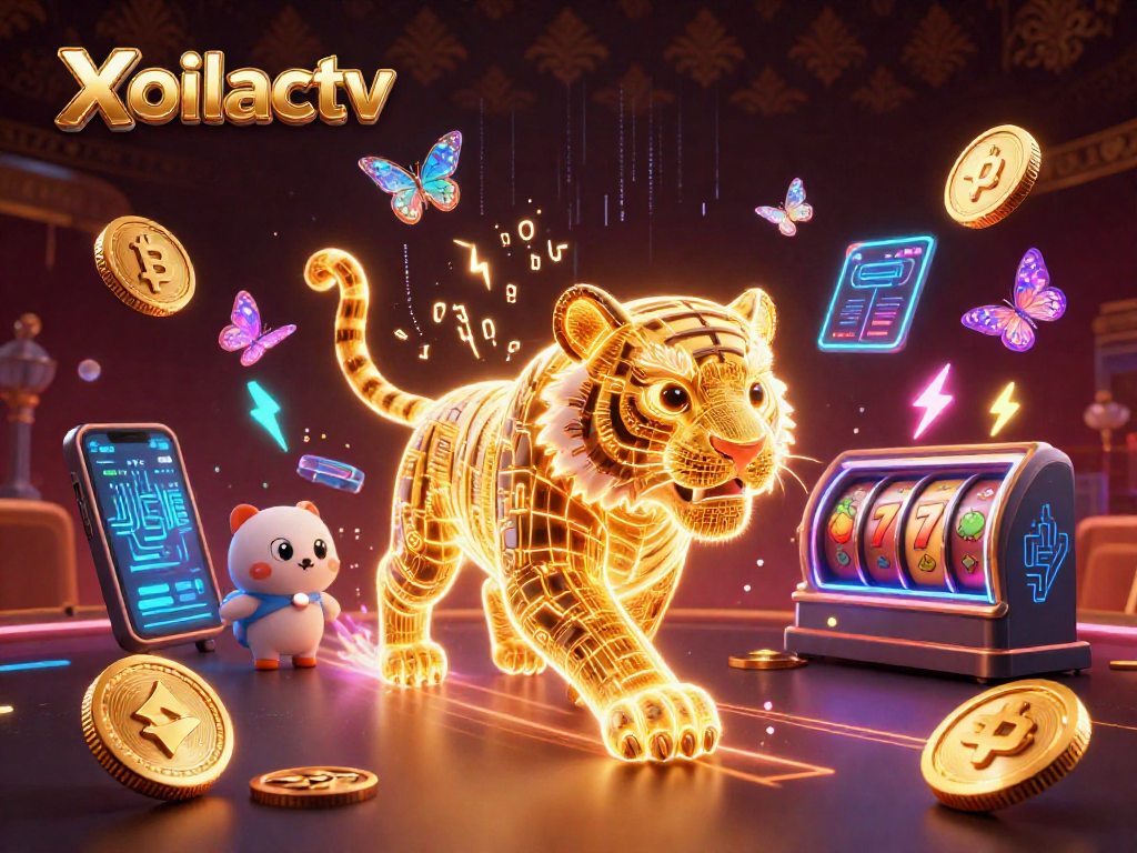 Xoilactv showcases a vibrant digital casino scene filled with a neon-wireframe golden tiger, slot reels, and cryptocurrency elements.