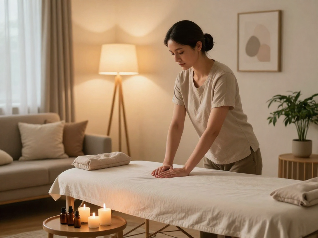 판교출장마사지 session setup in a serene home environment, highlighting professional care and relaxation.