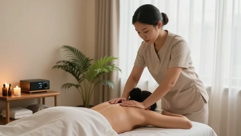 Relaxing massage therapy session highlighting 구로출장안마 with calming essential oils and soothing ambiance.