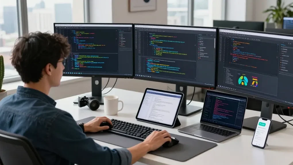 A software engineer using NAGA2000 in a modern tech workspace with multiple monitors, coffee, and natural light
