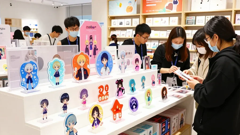 Engaging display of custom acrylic standee designs in a vibrant retail setting.