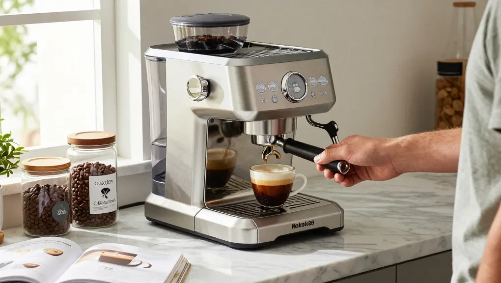 Preparing espresso with the Rokok88 machine in a stylish kitchen.
