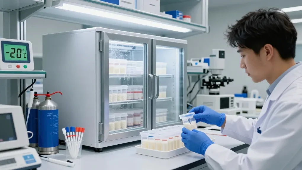 Lab technician handling lyophilisation peptides in secure storage, ensuring optimal preservation temperatures.